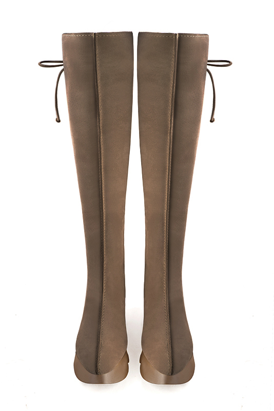 Chocolate brown women's knee-high boots, with laces at the back. Round toe. Low rubber soles. Made to measure. Top view - Florence KOOIJMAN